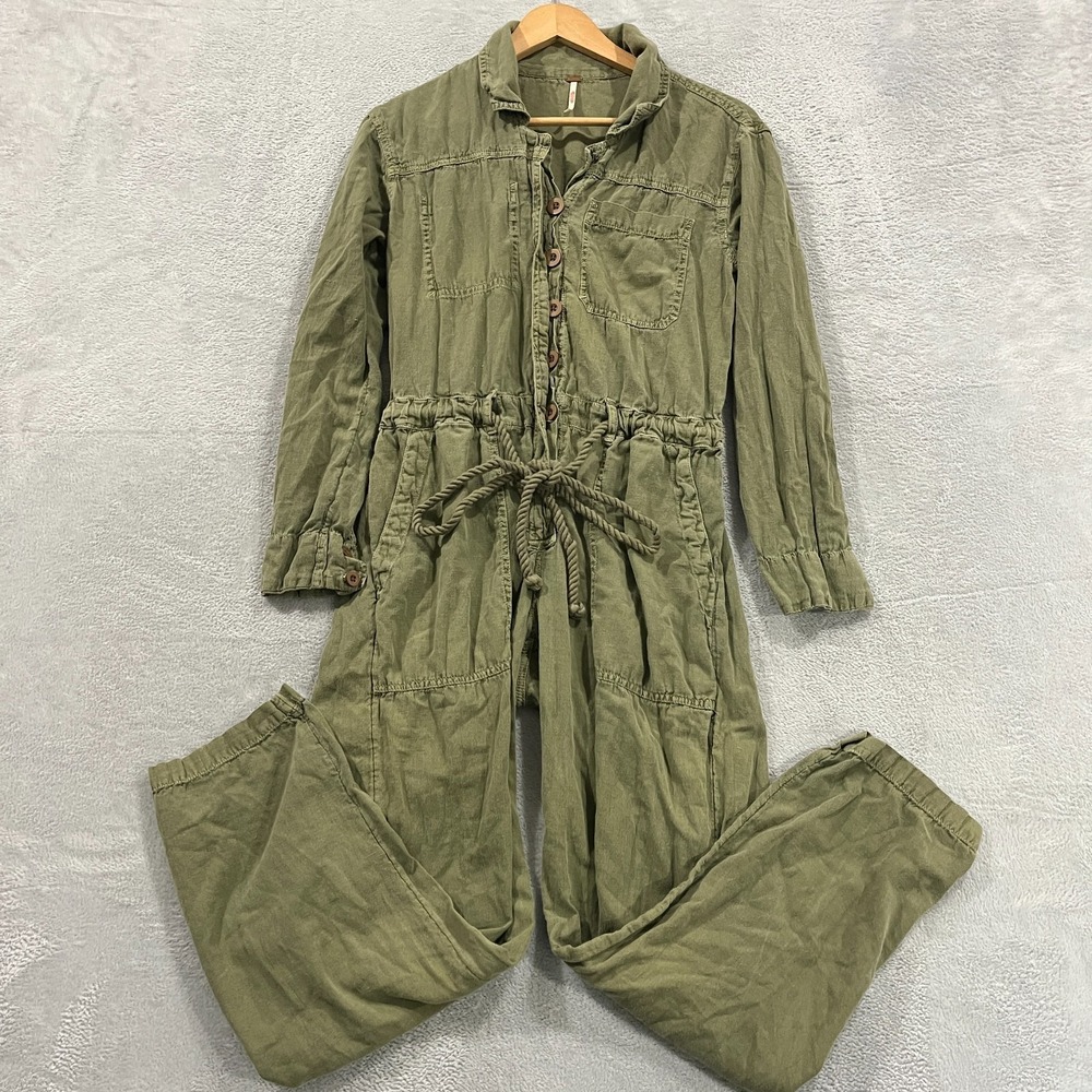 Free People Overalls Womens XS Army Belt Linen Blend Button Long Sleeve Bohemian